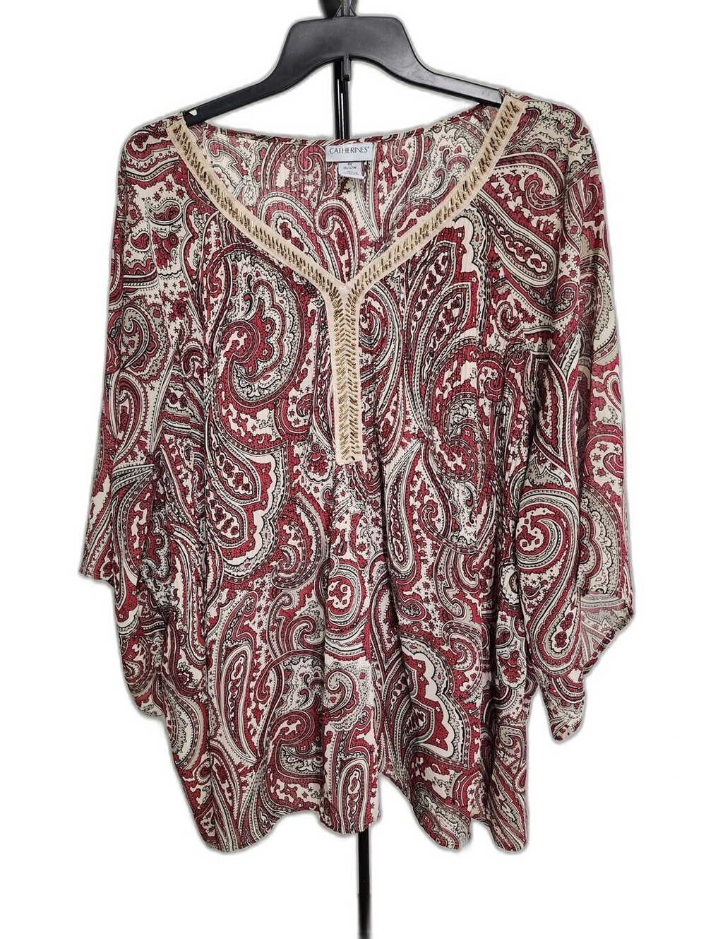 Catherines Plus Size 4X Red Paisley Beaded V Neck Tunic Top 349